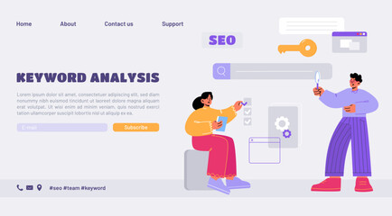 Keyword analysis landing page. Keywordist or copywriter characters using tools and services for seo optimization and content plan analysis for social media marketing, Line art flat vector web banner