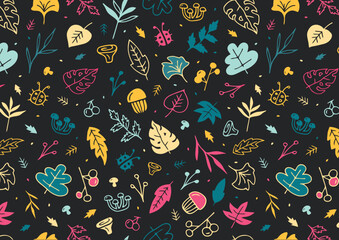 Trend seamless pattern with colorful tropical leaves and plants on black background vector design, Jungle print, Floral background, Printing and textiles