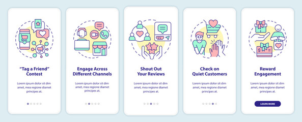 Customer engagement strategies onboarding mobile app screen. Walkthrough 5 steps editable graphic instructions with linear concepts. UI, UX, GUI template. Myriad Pro-Bold, Regular fonts used