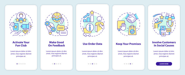 Customer engagement methods onboarding mobile app screen. Walkthrough 5 steps editable graphic instructions with linear concepts. UI, UX, GUI template. Myriad Pro-Bold, Regular fonts used