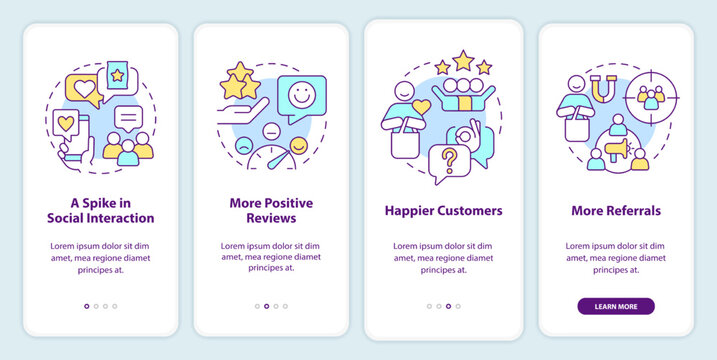 Tracking customer engagement onboarding mobile app screen. Walkthrough 4 steps editable graphic instructions with linear concepts. UI, UX, GUI template. Myriad Pro-Bold, Regular fonts used