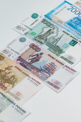 Russian rubles background. Money background and texture. Banknotes of different denominations