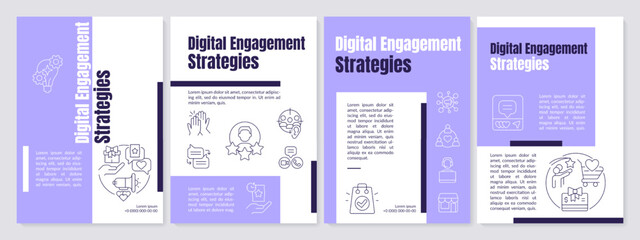 Digital engagement strategies purple brochure template. Leaflet design with linear icons. Editable 4 vector layouts for presentation, annual reports. Anton, Lato-Regular fonts used