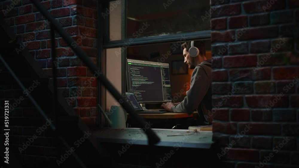 Fototapete Night at Home Office: Software Developer Working on Desktop Computer. Digital Entrepreneur Typing Code, Creating Software, e-Commerce App Design, e-Business Programming. Zoom In Inside Window Shot.