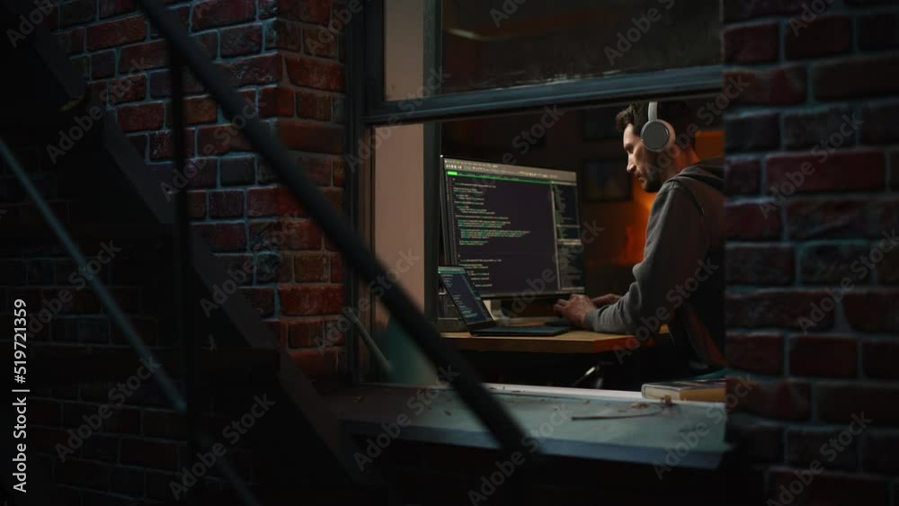 Aufkleber Night Home Office: Developer Working on Desktop Computer. Digital Entrepreneur Typing Code, Creating Software, e-Commerce App, e-Business Programming. View From Outdoors into Window. Static Wide Shot.