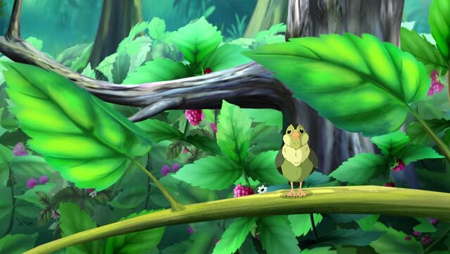 Green canary and her chick in the forest 4K