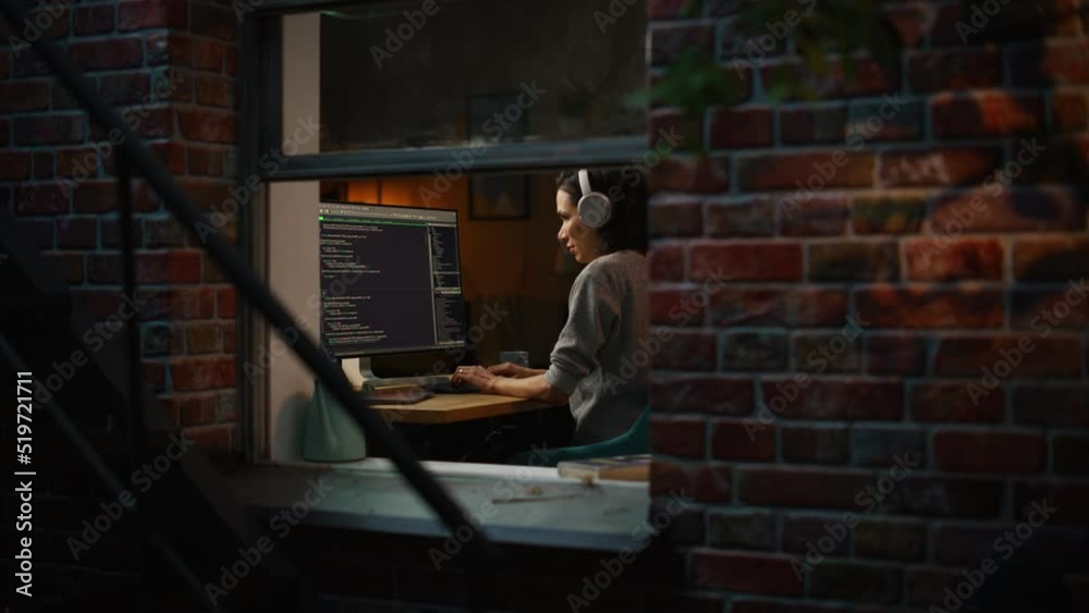 Aufkleber Latin Female Digital Startup Entrepreneur Working on Computer Late at Night. Software Developer Working on Innovative e-Commerce App. Overworking Concept. Dynamic Camera Shot.