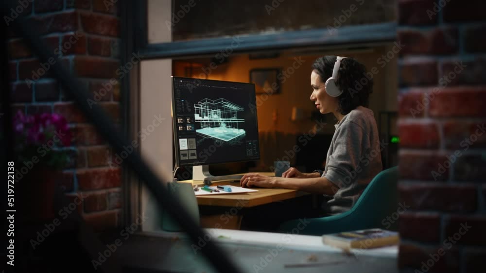 Poster Creative Female 3D Architect Artist Using Desktop Computer with Screen Showing CAD Real Estate Project. Brazilian Woman Video Game Developer Creating New Gaming Level. View Into the Apartment Window.