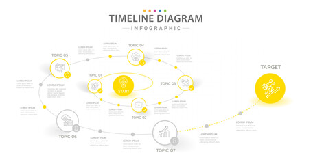 Infographic template for business. 7 Steps Modern Timeline diagram with spiral road concept, presentation vector infographic.