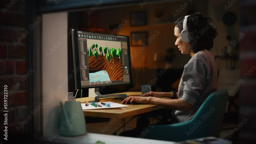 Aufkleber female video game designer works on a new 3d level on her personal computer. focused woman creating 