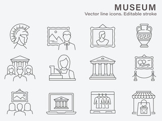 Museum icon set. Collection of art, history, antique, gallery and more. Vector illustration. Editable stroke.