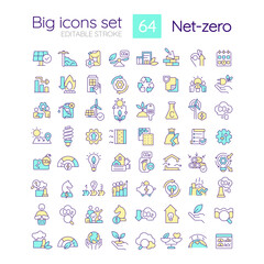 Net zero strategies RGB color icons set. Carbon footprints. Environment protection. Isolated vector illustrations. Simple filled line drawings collection. Editable stroke. Quicksand-Light font used