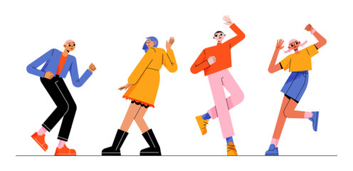 Fototapeta na wymiar People dance, move body at music tunes. Young male and female characters enjoying melodies. Excited men and women dancing and rejoice at disco party or celebration, Line art flat vector illustration