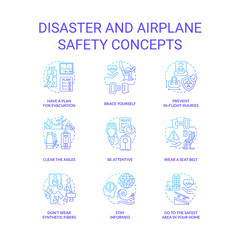 Disaster and airplane safety blue gradient concept icons set. Emergency preparedness idea thin line color illustrations. Be attentive. Isolated symbols. Roboto-Medium, Myriad Pro-Bold fonts used