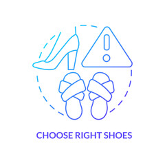 Choose right shoes blue gradient concept icon. Surviving air accident abstract idea thin line illustration. Comfortable option for travel. Isolated outline drawing. Myriad Pro-Bold font used