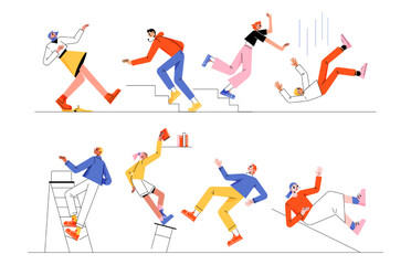 Fototapeta na wymiar Vector people falling down stairs, ladder and on slippery floor. Cartoon flat illustration set looser men and women stumbling and slipping by accident. Risk of injury. Bad luck or misfortune concept