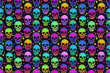 seamless illustration of neon bright human skulls