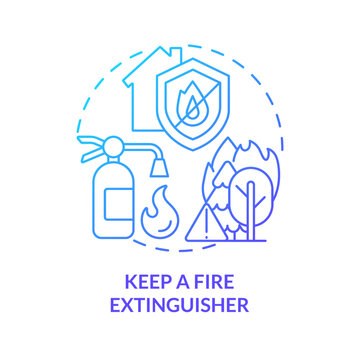 Keep Fire Extinguisher Blue Gradient Concept Icon. Surviving Wildfire At Home Abstract Idea Thin Line Illustration. Emergency Situations. Isolated Outline Drawing. Myriad Pro-Bold Font Used