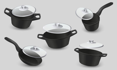 Kitchen cast iron pot and pan realistic vector