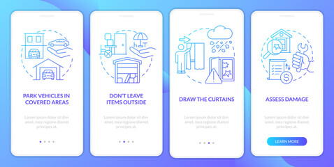 Staying safe during hail blue gradient onboarding mobile app screen. Walkthrough 4 steps graphic instructions with linear concepts. UI, UX, GUI template. Myriad Pro-Bold, Regular fonts used