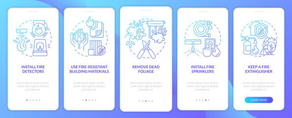 Naklejka premium Wildfire preparedness tips blue gradient onboarding mobile app screen. Walkthrough 5 steps graphic instructions with linear concepts. UI, UX, GUI template. Myriad Pro-Bold, Regular fonts used