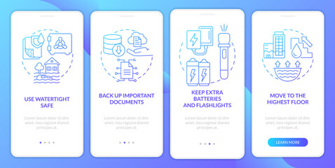 Flood precautionary measures blue gradient onboarding mobile app screen. Walkthrough 4 steps graphic instructions with linear concepts. UI, UX, GUI template. Myriad Pro-Bold, Regular fonts used