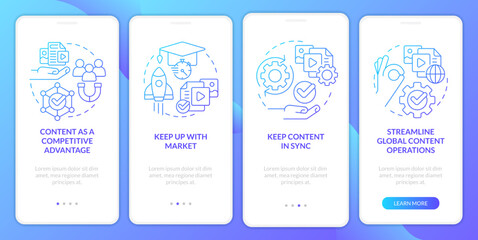 Content design strategies blue gradient onboarding mobile app screen. Business walkthrough 4 steps graphic instructions with linear concepts. UI, UX, GUI template. Myriad Pro-Bold, Regular fonts used
