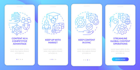 Naklejka premium Content design strategies blue gradient onboarding mobile app screen. Business walkthrough 4 steps graphic instructions with linear concepts. UI, UX, GUI template. Myriad Pro-Bold, Regular fonts used