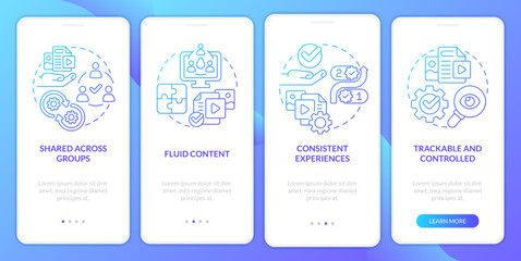 Content tips blue gradient onboarding mobile app screen. Design creating walkthrough 4 steps graphic instructions with linear concepts. UI, UX, GUI template. Myriad Pro-Bold, Regular fonts used