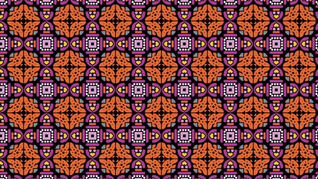 Maximal Element Tiles Geometric Seamless Pattern In Orange, Pink, And Black Colors. Panning Seamless Background.