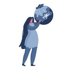 Woman with big blueberry on white background