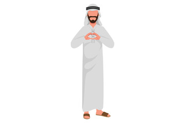 Business flat cartoon style drawing Arab businessman showing heart sign with hands express love, passion, support, care. Man making heart gesture in front of chest. Graphic design vector illustration