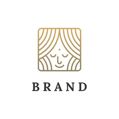 Queen Face Logo Design With Curtain Decoration , Premium Vector Template