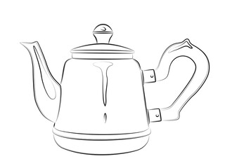 Teapot for brewing tea. Metal kettle close-up. Utensil for kitchen. Use for menu design, recipes, kitchen goods logo, icon, sticker, website, magazine. Pot for boiling water. Sketch, linear drawing