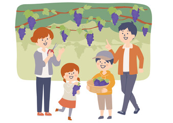 ブドウ狩りをするファミリーのイラスト