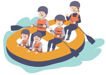 ラフティングを楽しむファミリーのイラスト