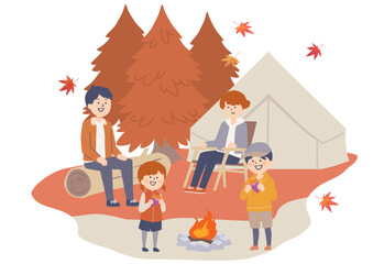 秋にキャンプをするファミリーのイラスト
