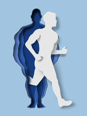 Man running out of fat body paper cut vector - obrazy, fototapety, plakaty