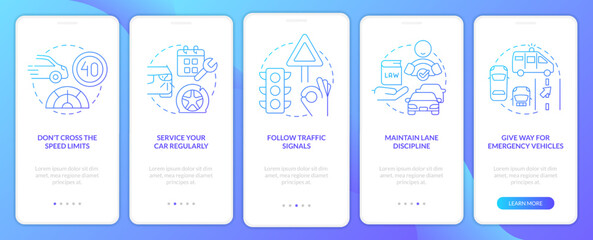 Common driving safety rules blue gradient onboarding mobile app screen. Walkthrough 5 steps graphic instructions with linear concepts. UI, UX, GUI template. Myriad Pro-Bold, Regular fonts used