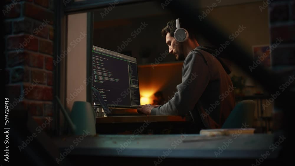 Aufkleber Night Home Office: Developer Working on Desktop Computer. Digital Entrepreneur Typing Code, Creating Software, e-Commerce App Design, e-Business Programming. View From Outdoors into Window. Low angle.