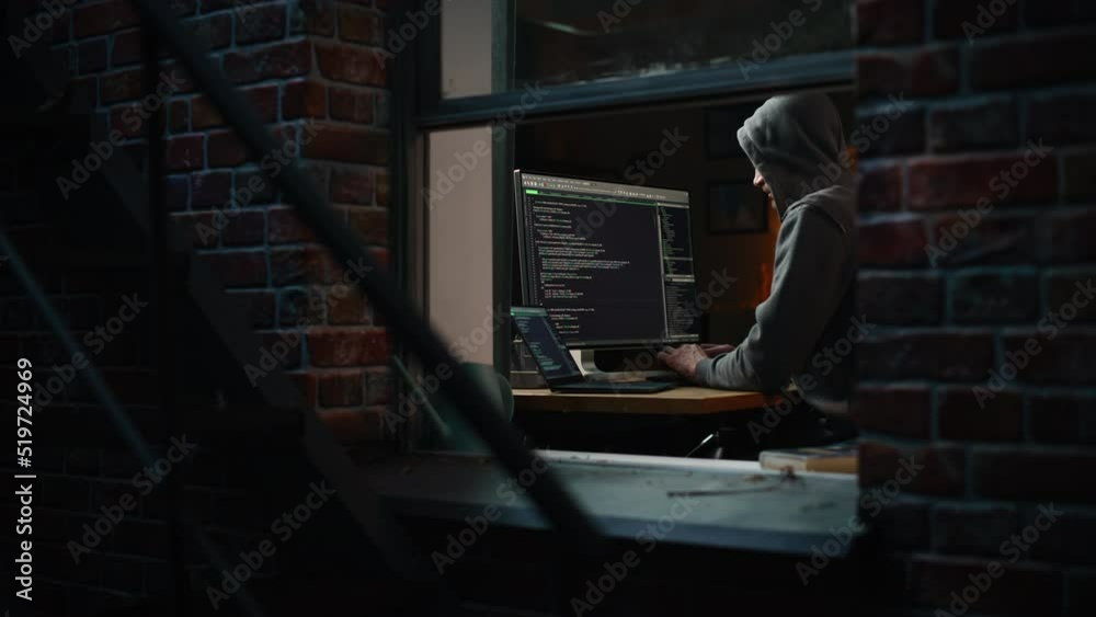 Poster Single-Minded Professional Programmer Obsessively Writing a Code on His Desktop Computer, Late at Night. IT Specialist Ethical Hacker Working on Computer, Finding Software Vulnerabilities