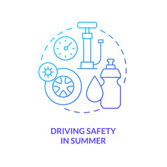 Driving safety in summer blue gradient concept icon. Check tires. Situational driving safety abstract idea thin line illustration. Isolated outline drawing. Myriad Pro-Bold font used