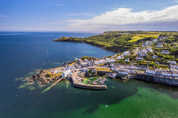 Aerial View of Coverack harbour and village, Cornwall, UK