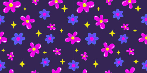 Fototapeta na wymiar Flower power retro 1990s seamless pattern with daisy for wallpaper design. Psychedelic print. Flower power. Trendy pop art retro floral pattern. Bright seamless design.