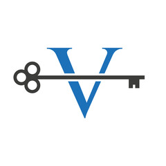 Letter V Real Estate Logo Concept With Home Lock Key Vector Template. Luxury Home Logo Key Sign