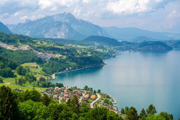 view on Lake Thun and Alps in Switzerland