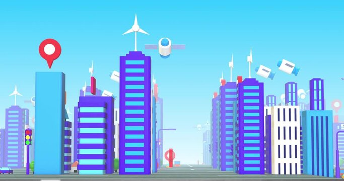 Cartoon Smart City 3D Animation. Perfect Loop. Technology And Smart Cities Related 3D Animation.