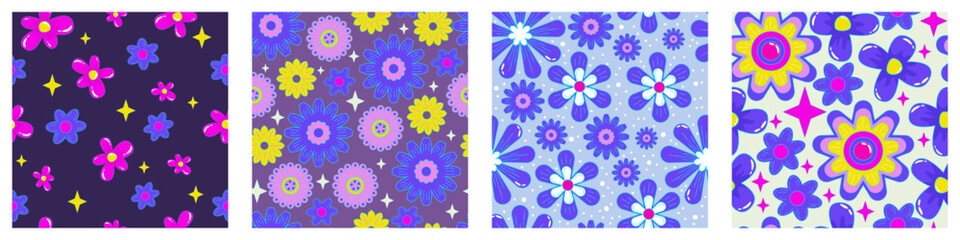 Fototapeta na wymiar Flower power retro 1990s seamless pattern set with daisy for wallpaper design. Psychedelic print. Flower power. Trendy pop art retro floral pattern. Bright seamless design