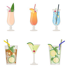 Collection of summer alcoholic drinks, tropical cocktails. Beach party concept. Flat vector illustration