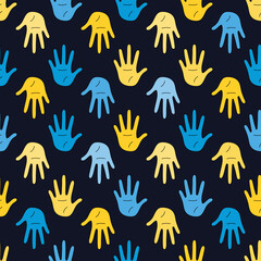 handprints seamless pattern in the colors of the flag of Ukraine. handprint pattern. Volunteering movement. volunteering concept.  Volunteers of Ukraine. Ukrainian refugees. support Ukraine.
